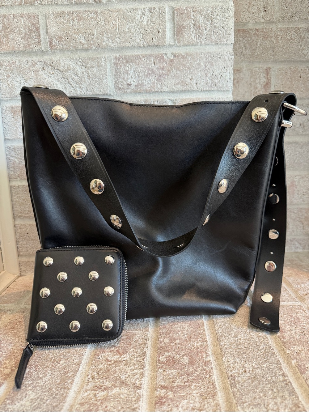 Madewell Black Studded Leather Tote with Matching Zip Wallet